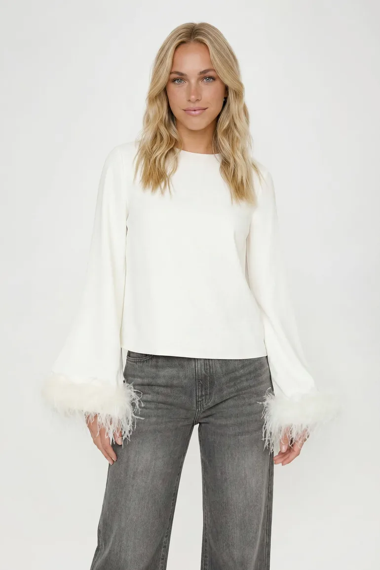 Feather Cuff Blouse - white - 1