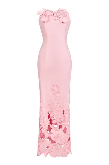 Off-Shoulder Floral Appliquéd Midi Dress