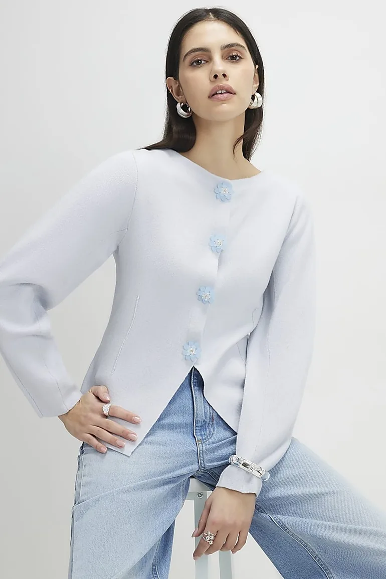 Blue Knitted Floral Button Cardigan