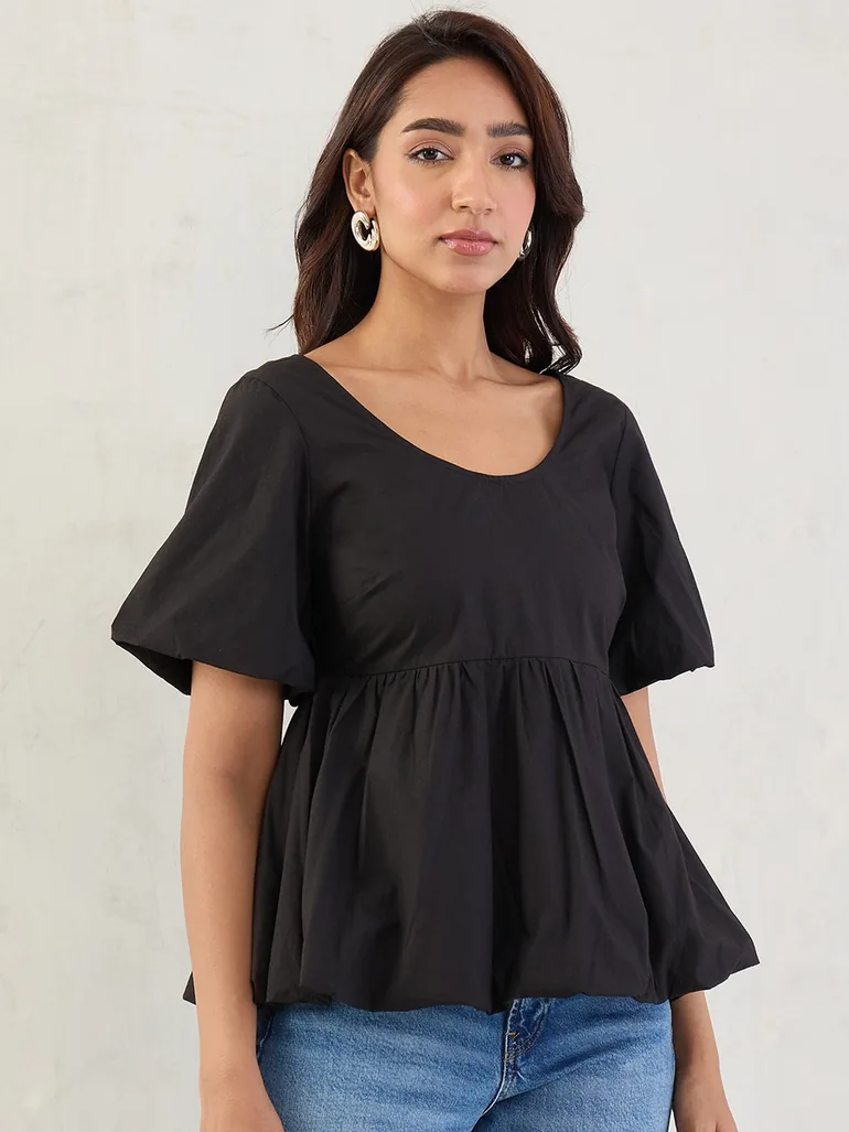 Black Poplin Peplum Hem Top - 1