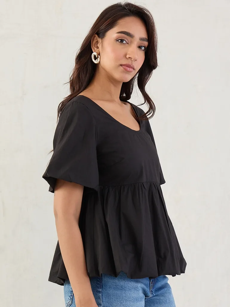 Black Poplin Peplum Hem Top - 3
