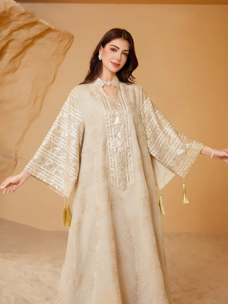 Beige Textured Sequins Embellished Jalabiya - 1