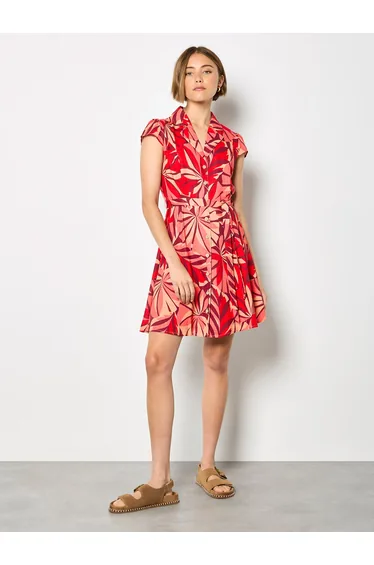 Tropical Leaf Linen-Blend Shirt Mini Dress