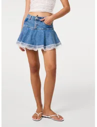 Flippy Lace Trim Denim Skirt With Shorts - 2