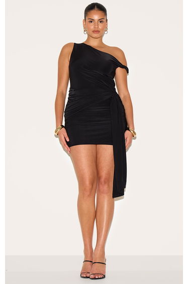Plus Black Double Slinky Ruched Draped Detail Mini Dress