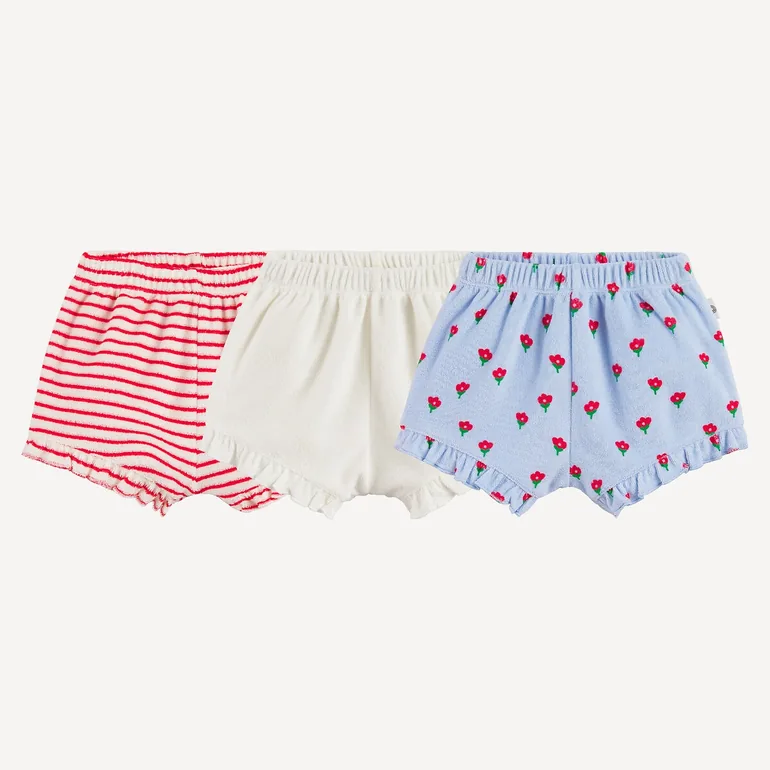 Pack of 3 Ruffled Towelling Shorts: Plain, Striped and Floral Print