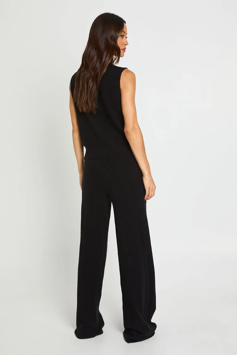 Tall Split Neck Collar Super Soft Knitted Tank and Straight Leg Trouser Co-Ord - black - 2