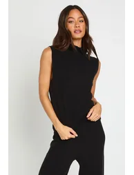 Tall Split Neck Collar Super Soft Knitted Tank and Straight Leg Trouser Co-Ord - black - 3