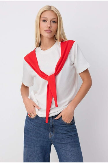 Ecru Plain Oversize Crew Neck T-Shirt with Tie Detail Long Soft Knitted T-Shirt product thumbnail 2
