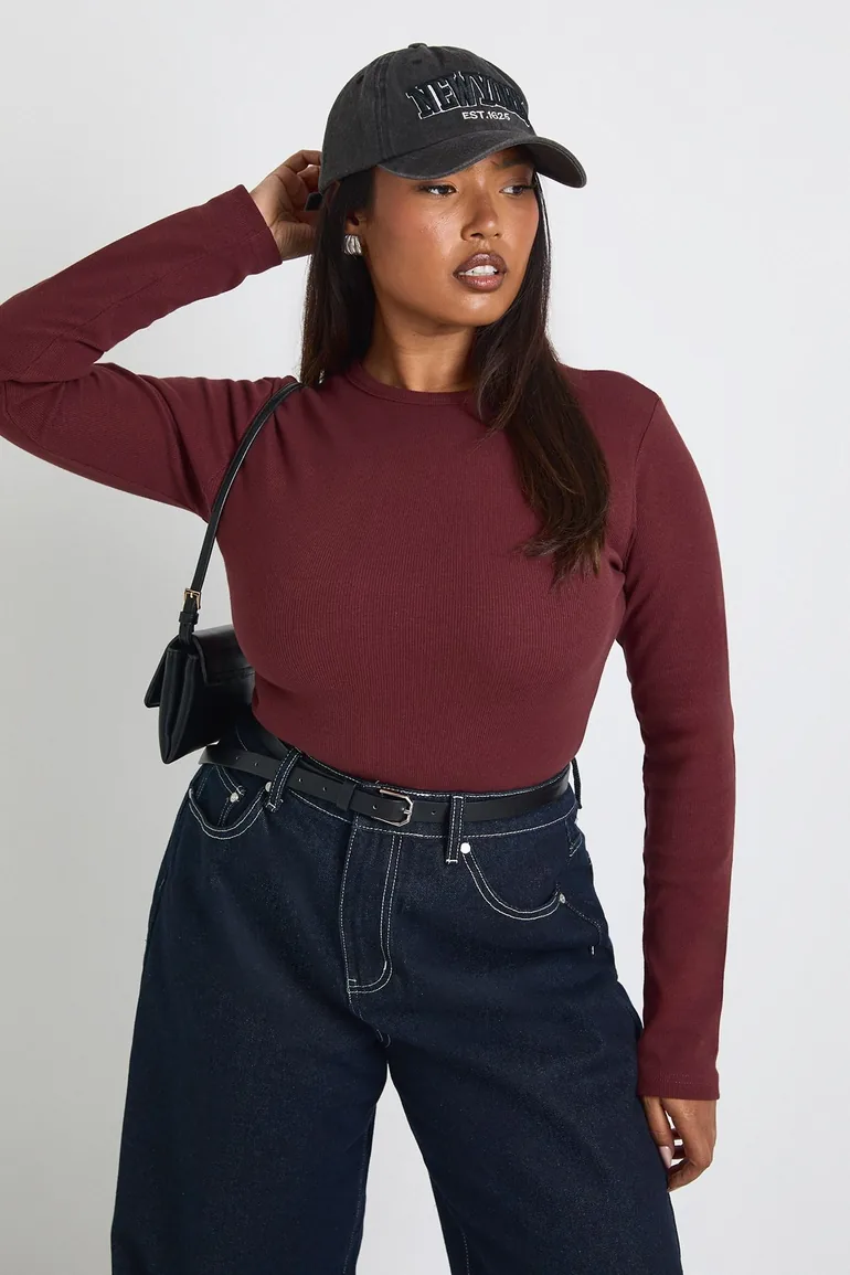 Plus Basic Rib Long Sleeve Fitted Longline Top - burgundy - 1