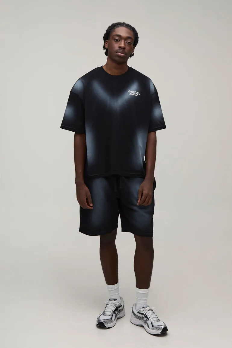 Washed Oversized Boxy Limited Edition T-Shirt & Short Set - black