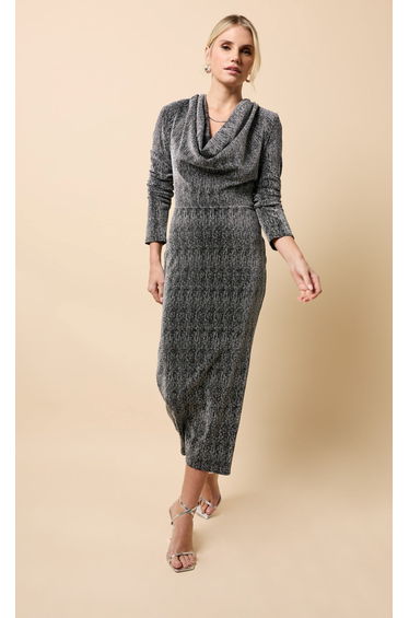 Black and Silver Cowl Neck Midaxi Dress