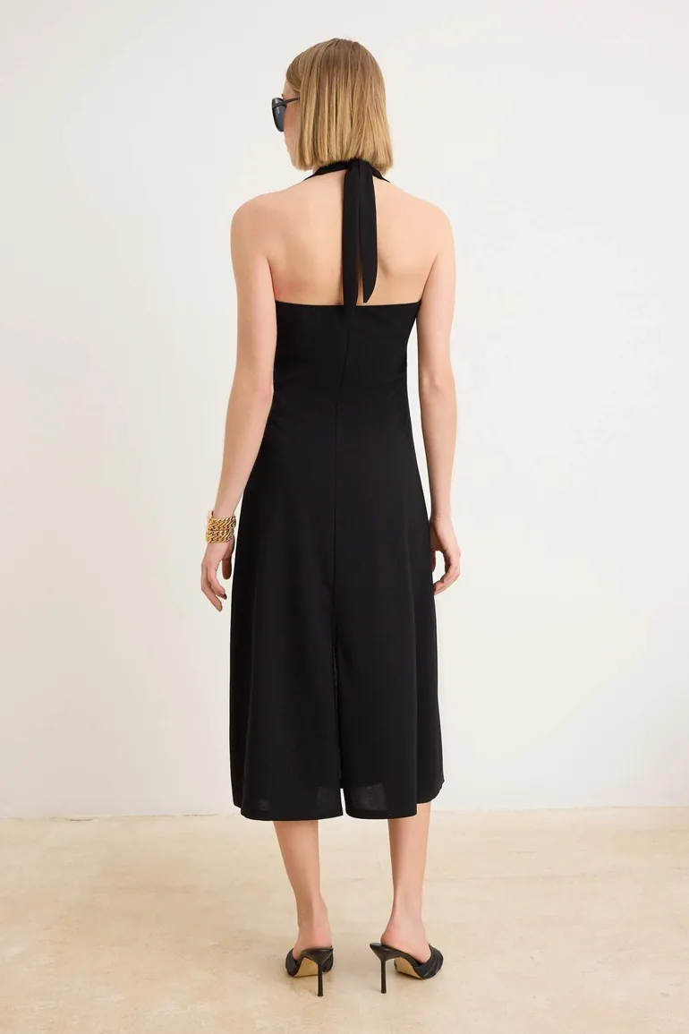 Black Plain A-Line Halter Neck Sleeveless Midi Scuba Crepe Knitted Dress - 3