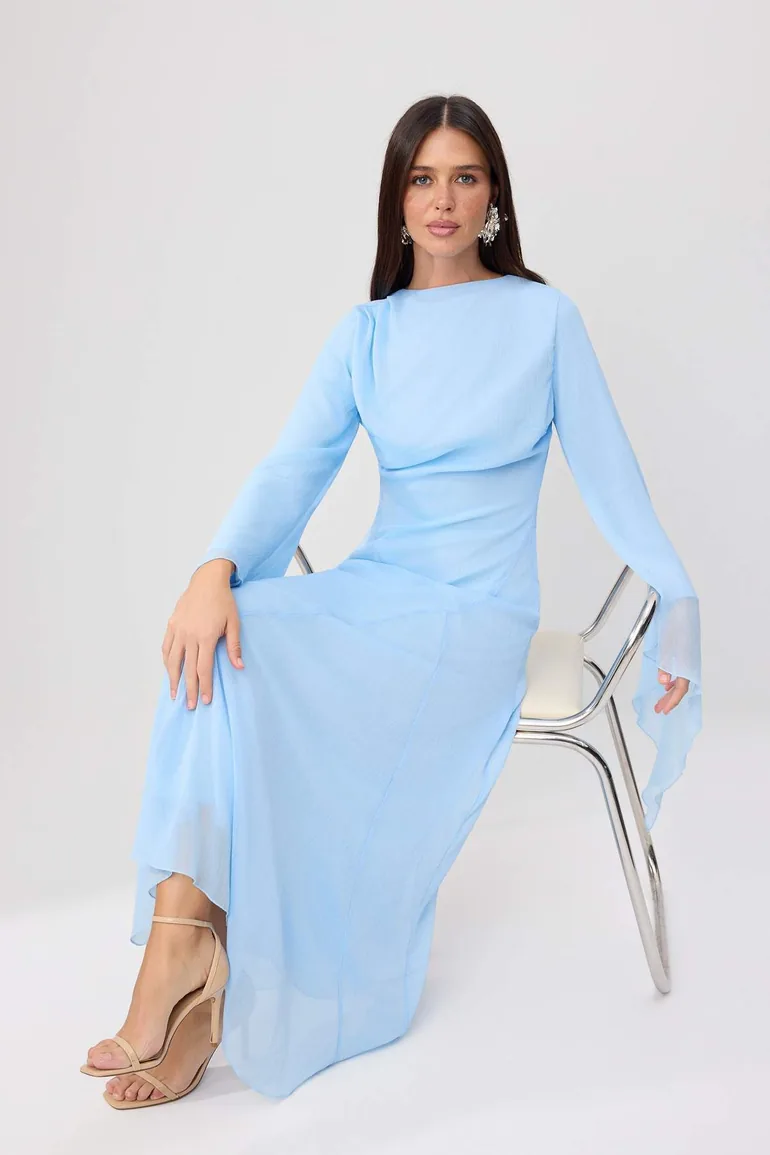 Light Blue Lined Plain Woven Dress&Jumpsuit Chiffon Hijab Dress - 1