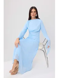 Light Blue Lined Plain Woven Dress&Jumpsuit Chiffon Hijab Dress - 1