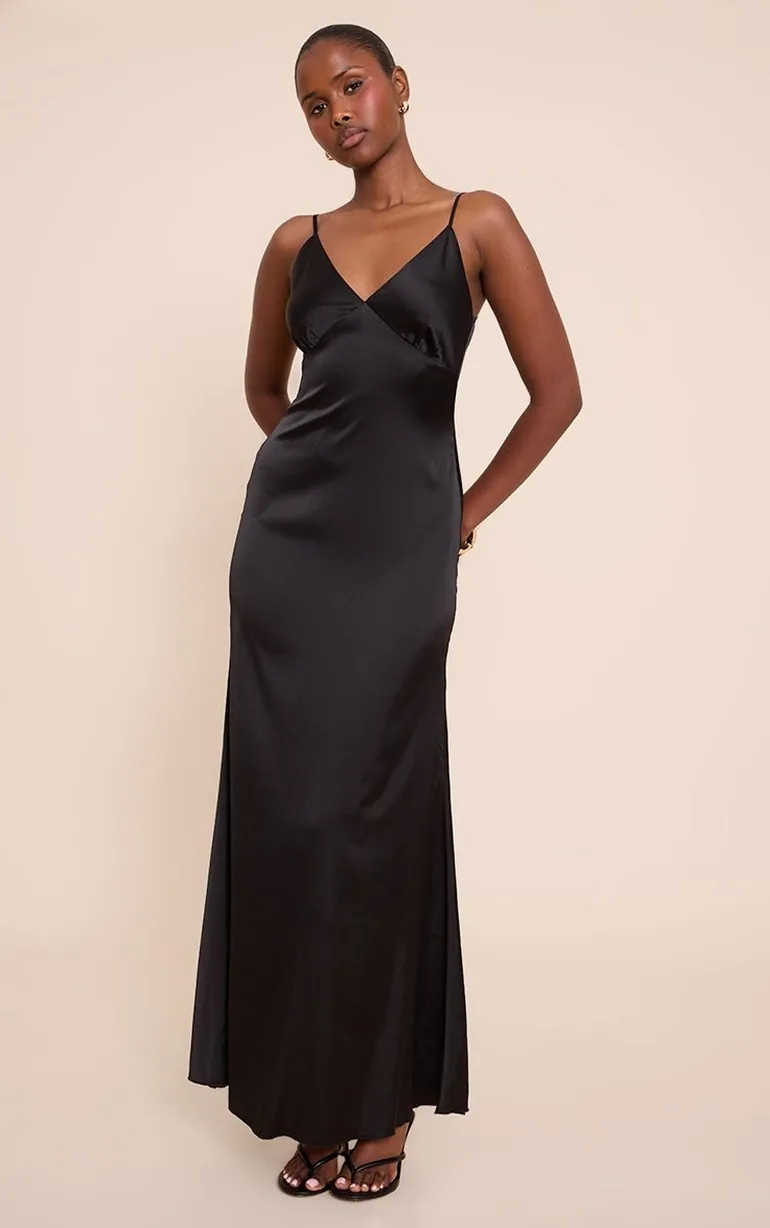Black Satin Strappy Maxi Dress - 5