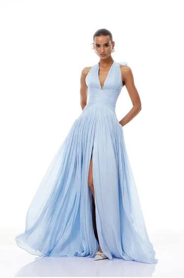 Térébenthine Blue Glossy Gathered Maxi Dress