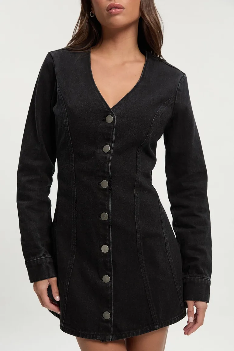 Flare Long Sleeve Mini Dress - washed black - 3