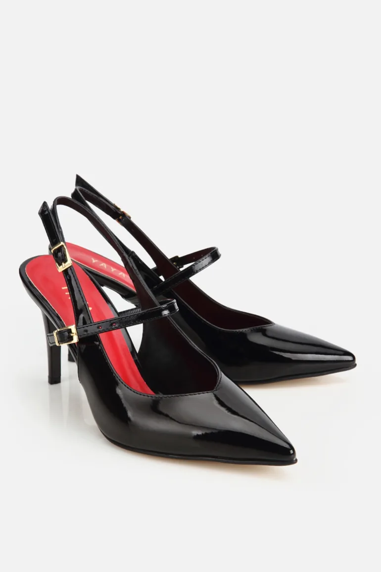 Women's Black Patent Leather Pointed Toe Buckle Open Back High Heeled Stylish Shoes