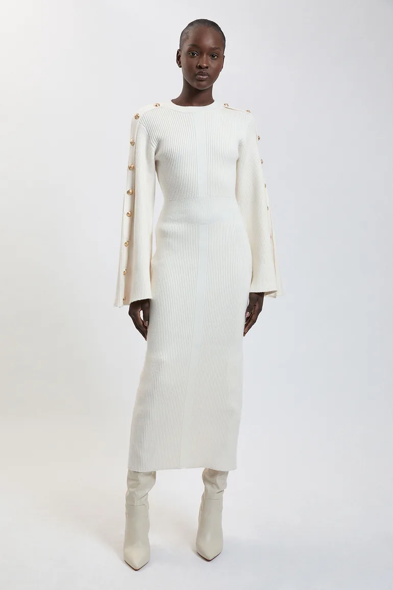 Military Button Up Sleeved Knitted Midi Dress