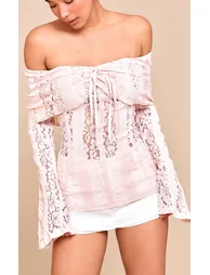 Pale Pink Fitted Lace Flared Sleeve Bardot Top - 3
