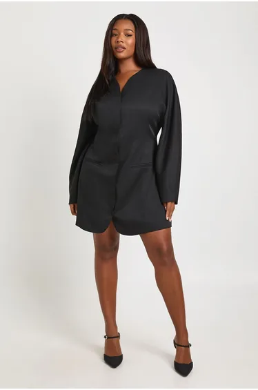 Plus Plus Collarless Cinched Waist Blazer Dress - black