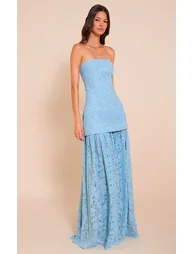 Light Blue Lace Sheer Skirt Panel Bandeau Midaxi Dress