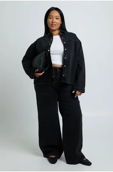 Plus Oversized Long Sleeve Denim Shirt - washed black