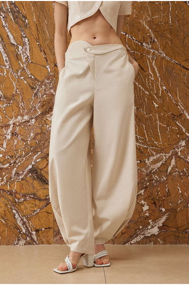 Linen Button Asymmetrical Ruched Barrel Trousers product thumbnail 2