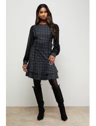 Checked Belted Balloon Sleeve Flippy Mini Dress
