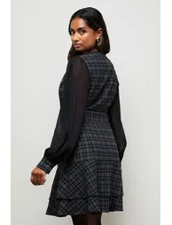 Checked Belted Balloon Sleeve Flippy Mini Dress - 2