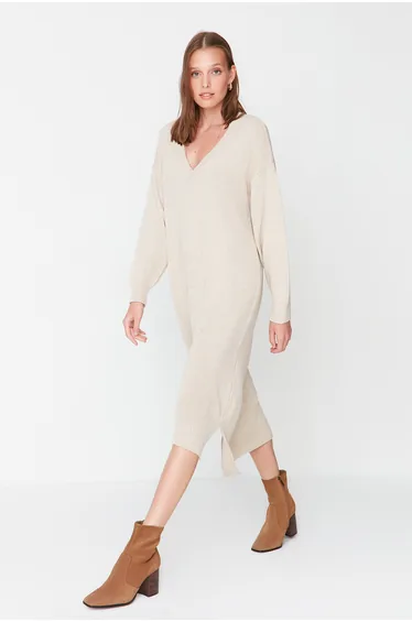 Beige Column Midaxi Jumper Dress with Long Sleeves