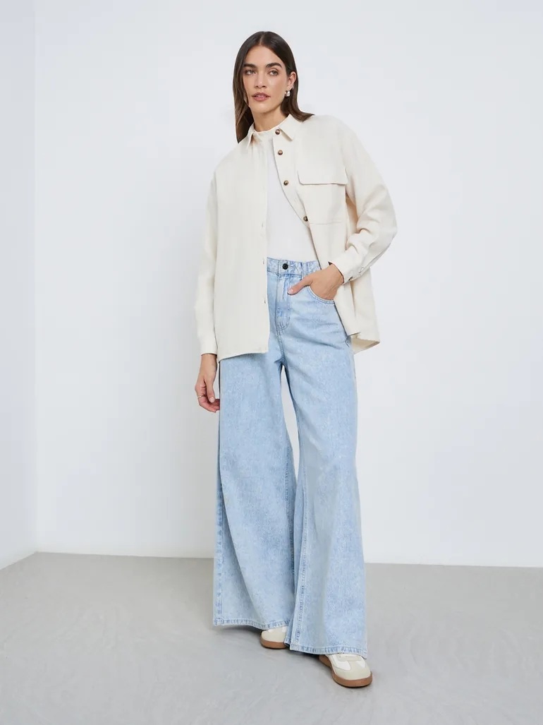 Cream Long Sleeve Shirt with Pocket - 1