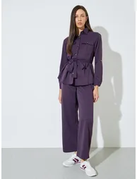 Purple Roll-Up Sleeve Pocketed Shirt and Pants Co-ord Set - 2