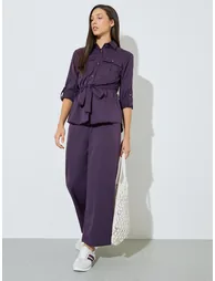 Purple Roll-Up Sleeve Pocketed Shirt and Pants Co-ord Set