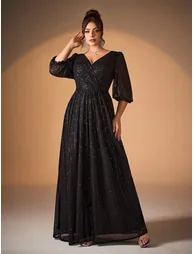 Leely Plus Women's Elegant V Neck Bishop Sleeve Sequin A-Line Dress - 1