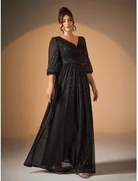 Leely Plus Women's Elegant V Neck Bishop Sleeve Sequin A-Line Dress - 3