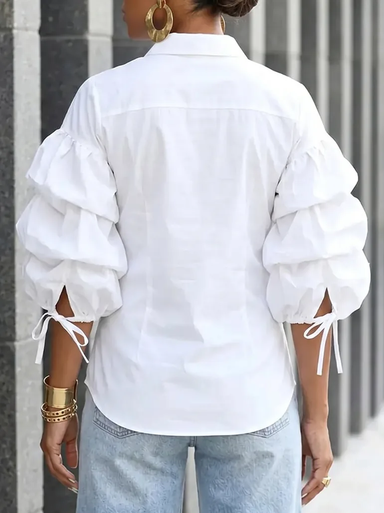 Loose Puff Sleeves Buttoned Solid Color Tied Lapel Blouses&Shirts Tops - 3