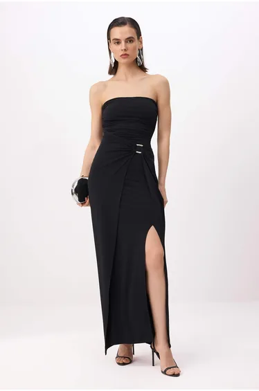 Black Accessory Detailed Knitted Lined Maxi Evening Dress & Graduation Dress