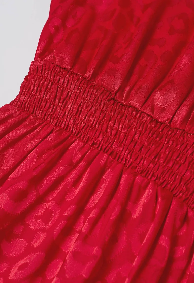 Glossy Leopard Jacquard Ruffle Dress in Red - 3
