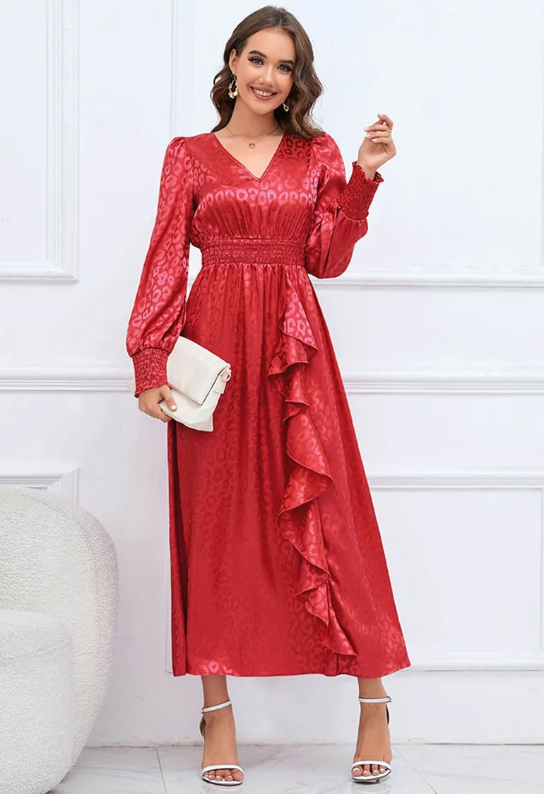 Glossy Leopard Jacquard Ruffle Dress in Red - 2