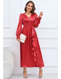 Glossy Leopard Jacquard Ruffle Dress in Red - 2