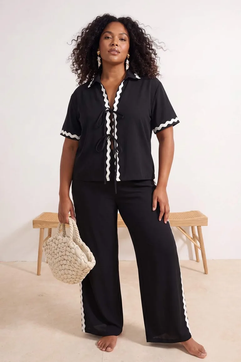 Beachwear Shirt Collar Striped Detail Woven Blouse-Pants Set