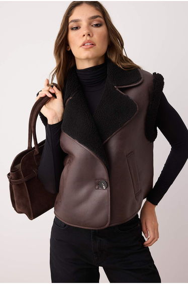 Dark Brown Regular Fit Plush Detailed Suede Vest product thumbnail 2