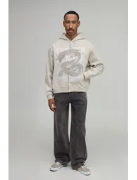 Stone Oversized Tonal Dragon Print Zip Through Hoodie - stone