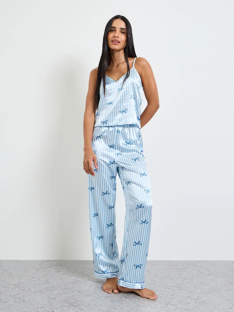 Blue Bow Striped Print Satin Cami and Pyjama Set