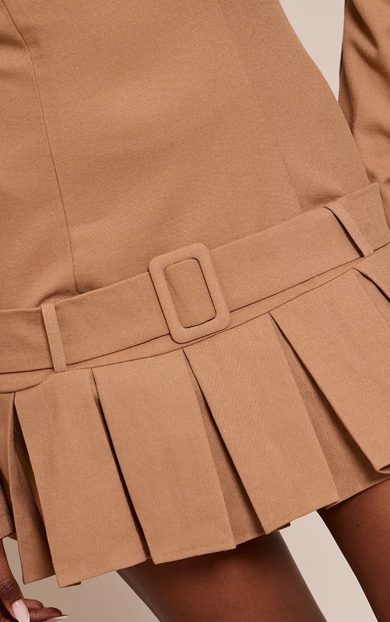 Camel Woven Belt Pleated Mini Shift Dress - 3
