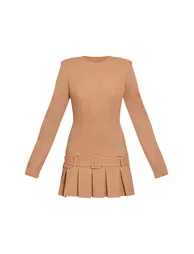 Camel Woven Belt Pleated Mini Shift Dress - 4