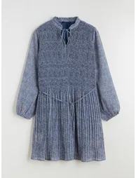 Tie Collar Patterned Chiffon Mini Dress - 4
