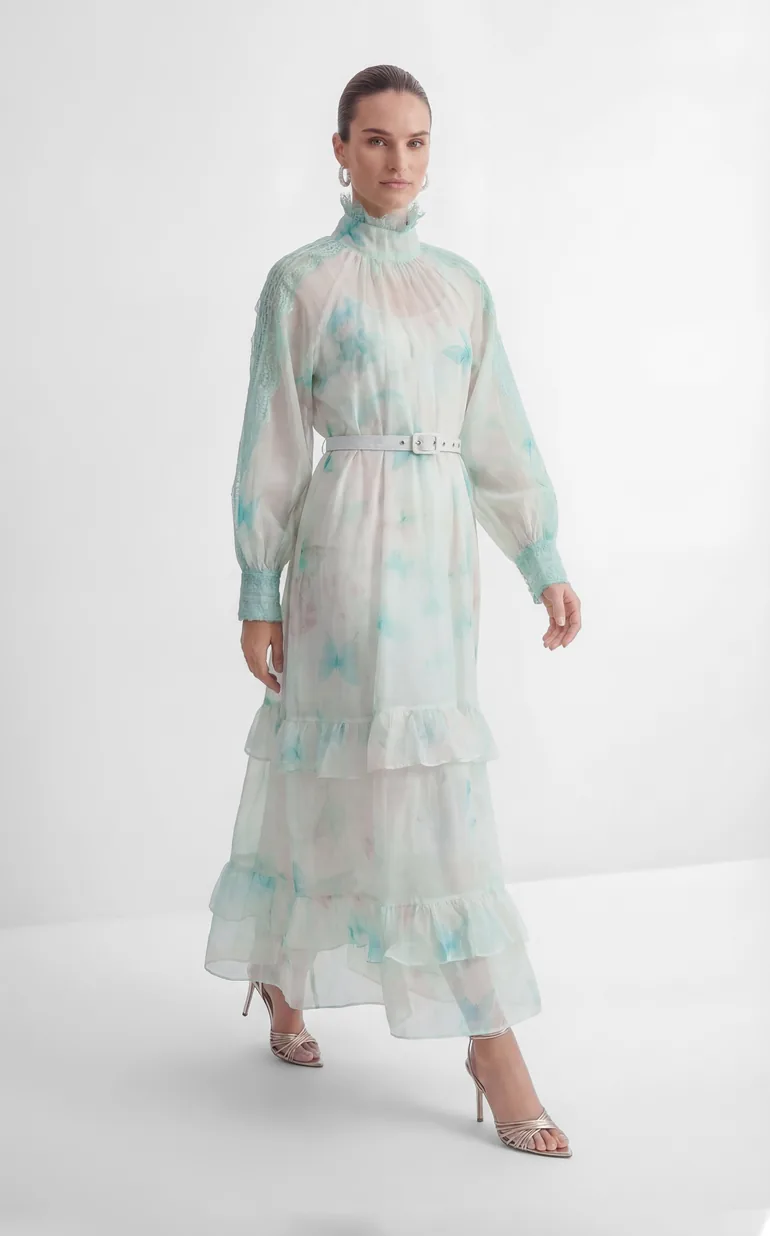 Venus Chartreuse Mint Butterfly Print Tiered Ruffle Maxi Dress - 5